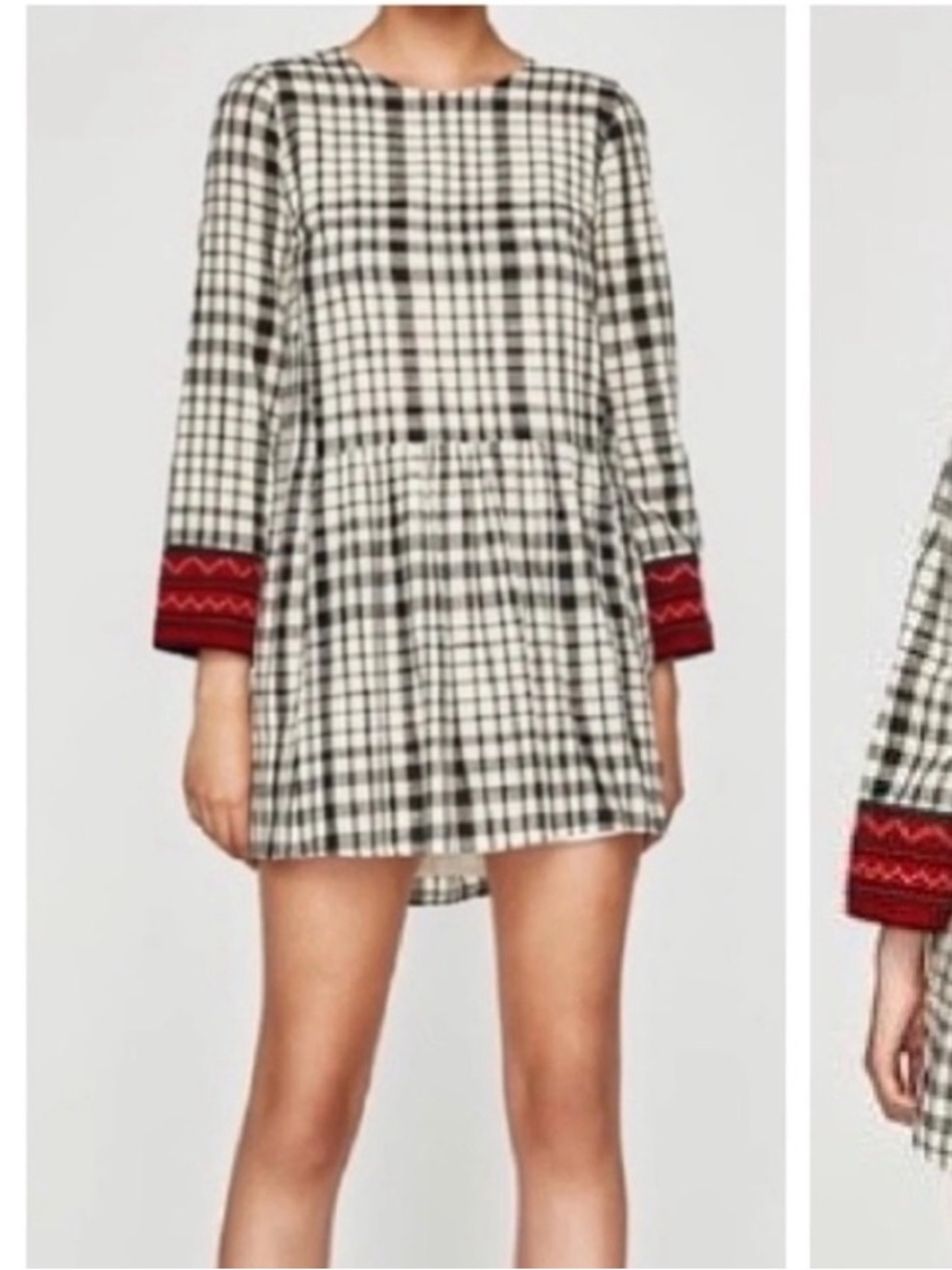 Trafaluc by Zara Ivory Checkered Plaid Contrast Embroidered Cuff Drop Waist Mini